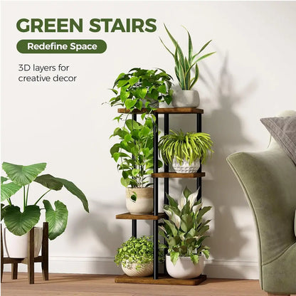 4-Tier Metal Wood Plant Stand Indoor Pedestal Base