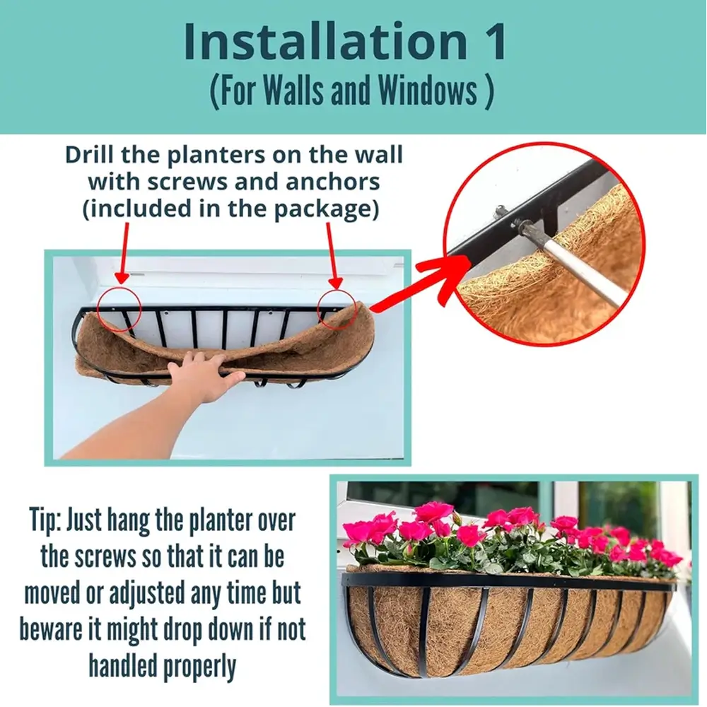 Instructions for installing wall-mounted planters with screws and anchors.