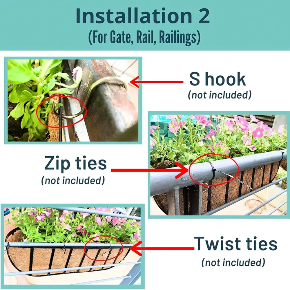 Instructions for installing a plant holder with S hook, zip ties, and twist ties on a teal background.