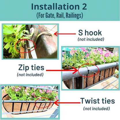 Instructions for installing a plant holder with S hook, zip ties, and twist ties on a teal background.