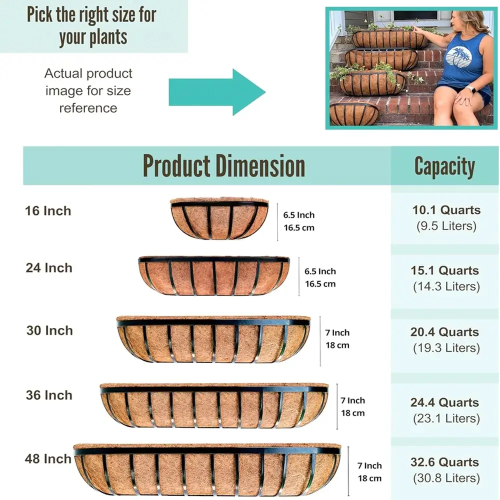 Product dimensions chart for planters with size and capacity information.