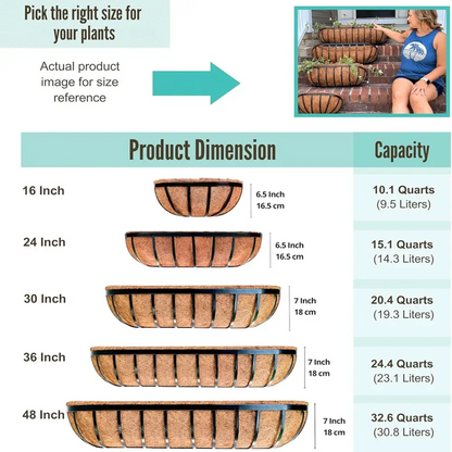 Product dimensions chart for planters with size and capacity information.