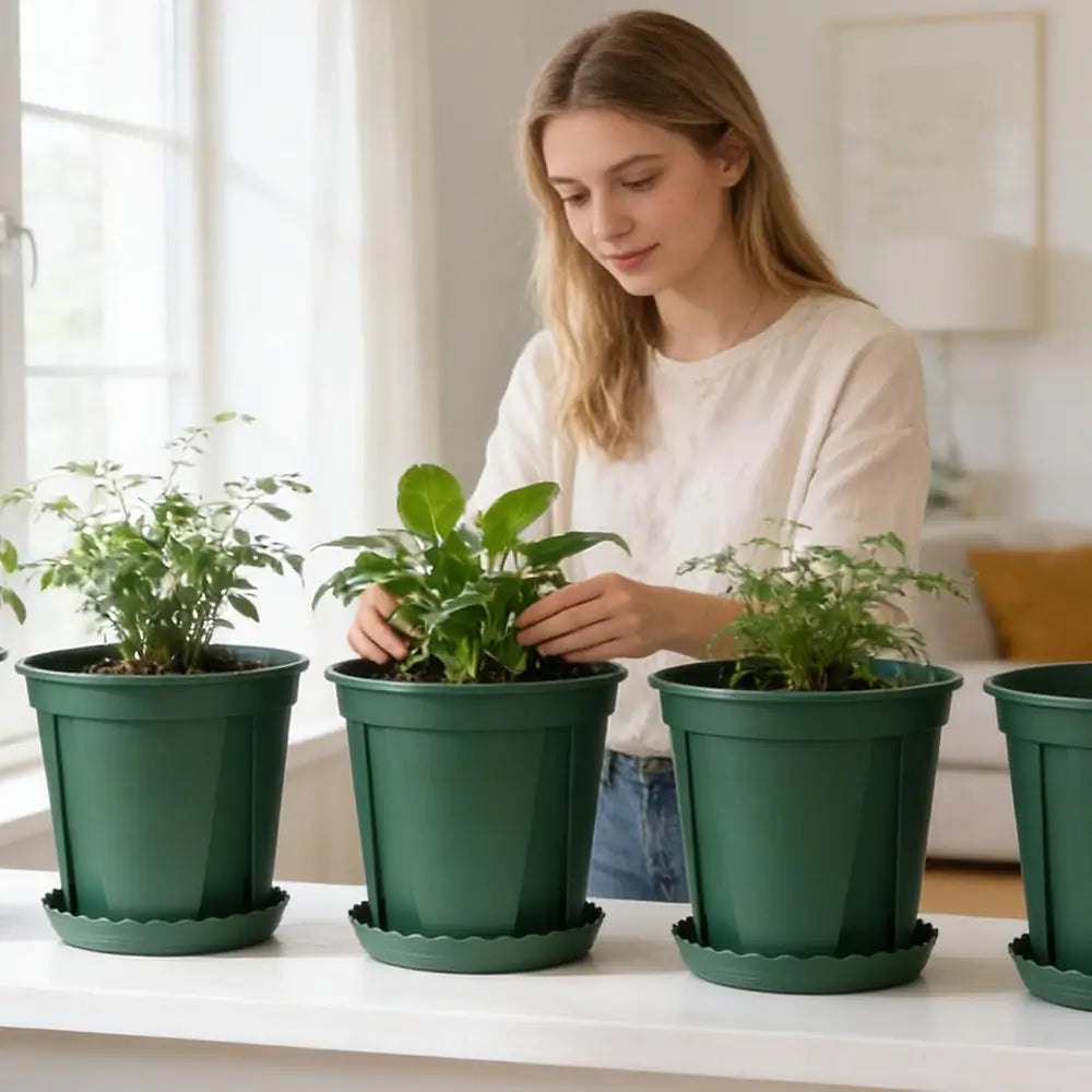 Woman arranging potted plants on a table in a bright room.