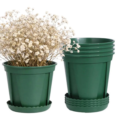 Green plastic pots with a small potted plant on a white background