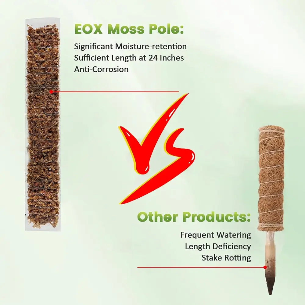 Comparison of EOX Moss Pole with other products on a light green background