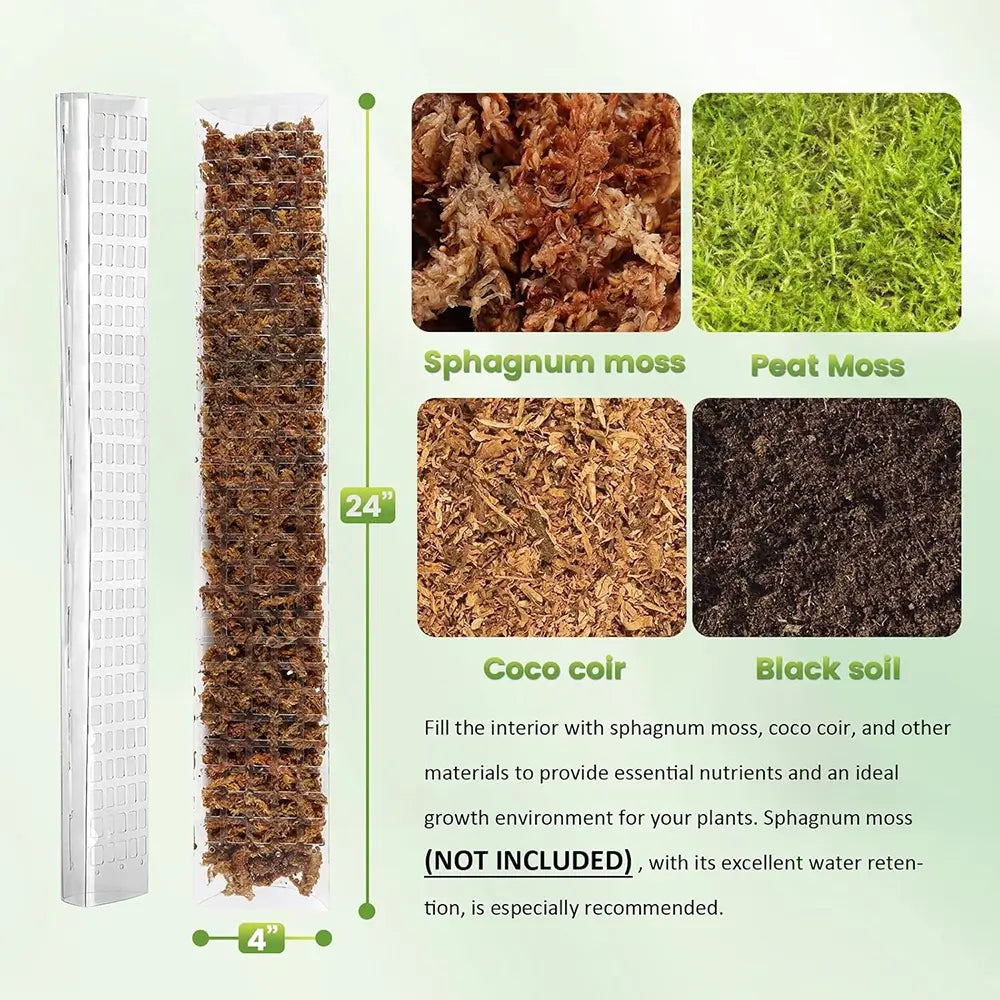Garden potting mix comparison chart with sphagnum moss, peat moss, coco coir, and black soil on a green background.