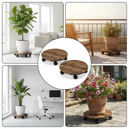 Collage of wooden plant stands in various settings with plants on them.