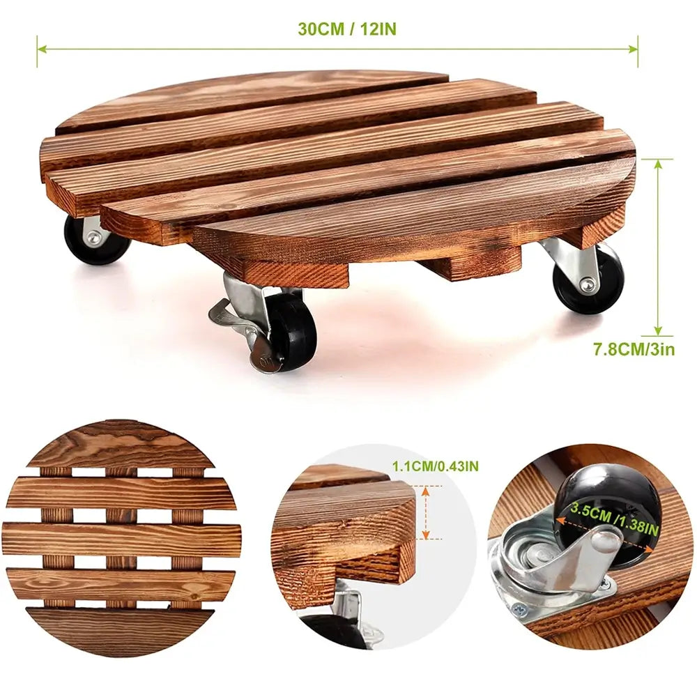 Wooden stool with wheels and measurements on a white background