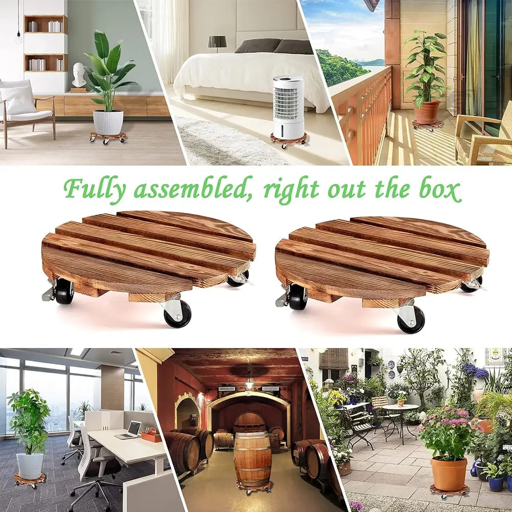 Wooden rolling cart with wheels in various settings, including a bedroom and office.