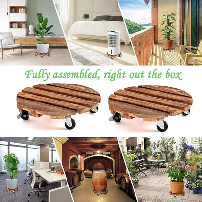 Wooden rolling cart with wheels in various settings, including a bedroom and office.