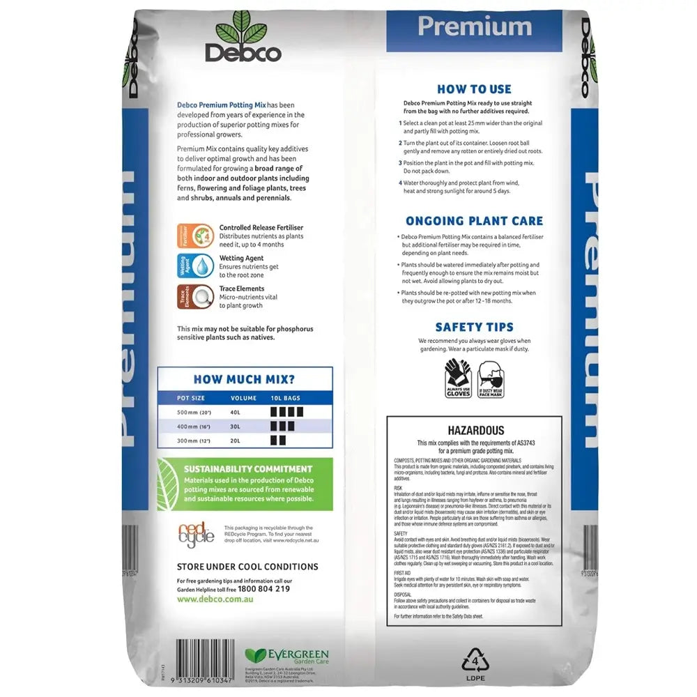 Debco Premium Potting Mix packaging with text and branding on a white background