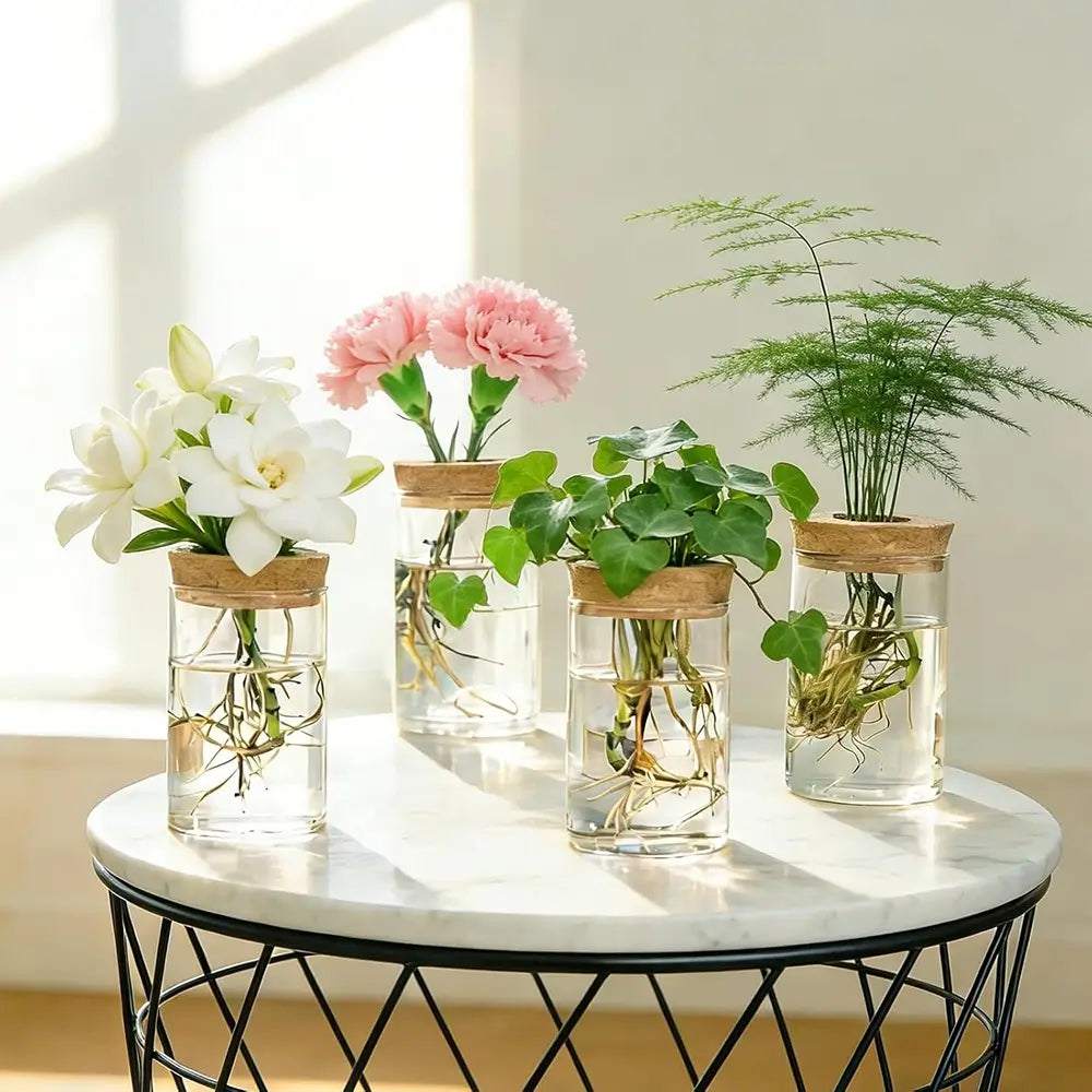 Glass Propagation Station with Wooden Stand - Set of 4
