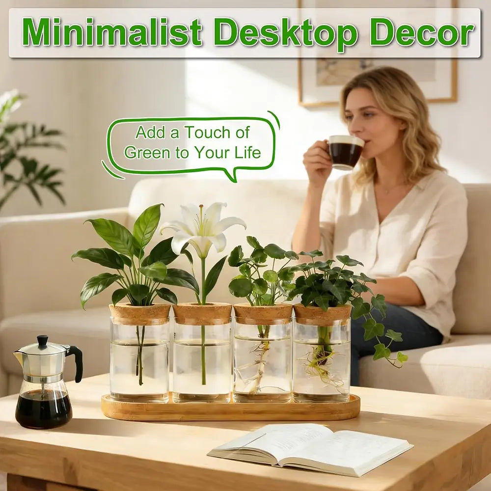 Glass Propagation Station with Wooden Stand - Set of 4