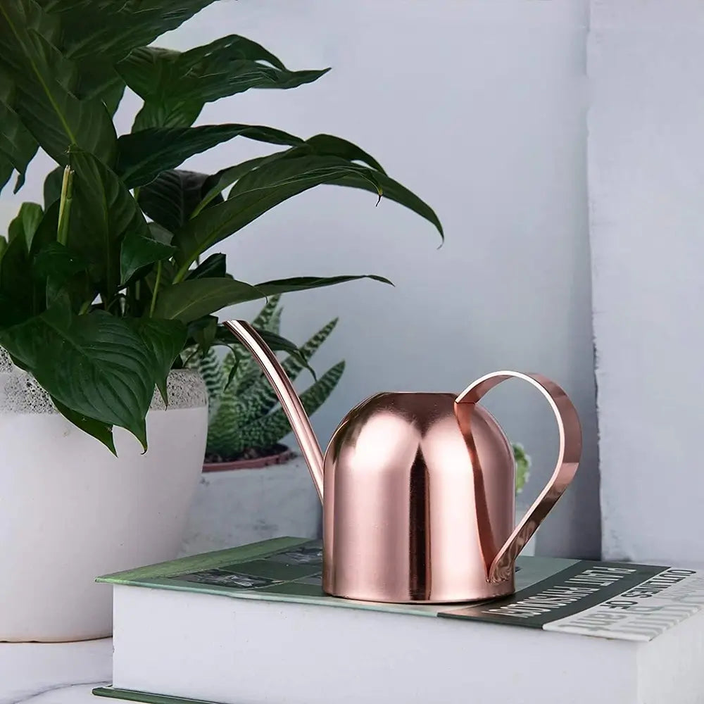 Rose gold watering can on a book with plants in the background