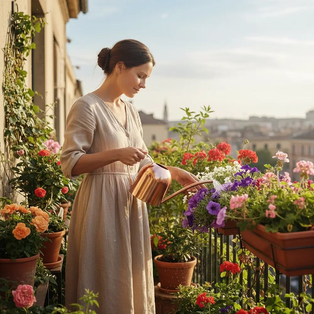 Woman in a white dress watering flowers on a balcony