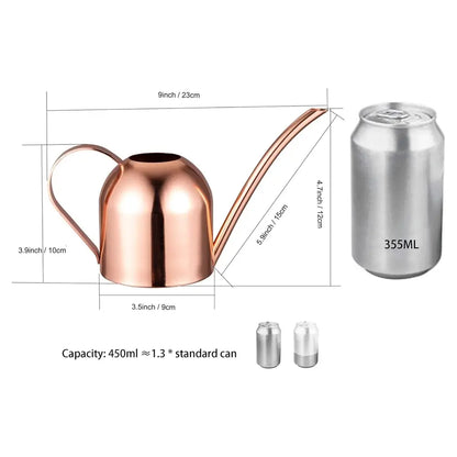 Copper watering can with dimensions and capacity comparison to a can on a white background