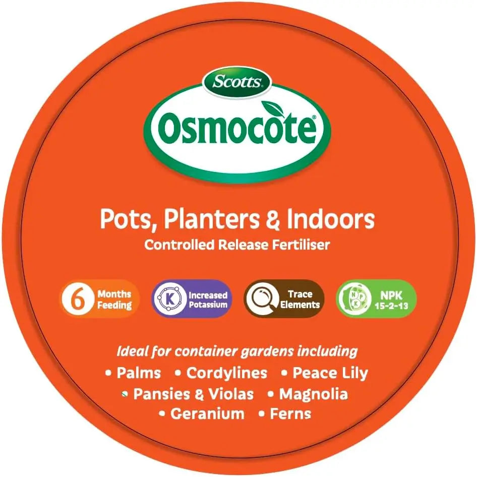 A round orange label for Scotts Osmocote Controlled Release Fertiliser, designed for pots and planters. The label features the green and white Scotts Osmocote logo at the top, with text detailing product features like 6-month feeding and NPK 15-2-13, and lists plants it is ideal for such as palms, cordyline, peace lily, and ferns.