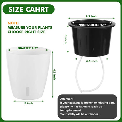 Measurement chart for plant pots with dimensions and a note to measure plants before choosing size.