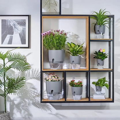 Shelving unit with potted plants against a white wall