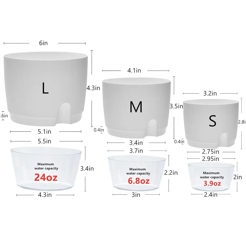 Set of white ceramic plant pots with measurements and capacity labels on a white background