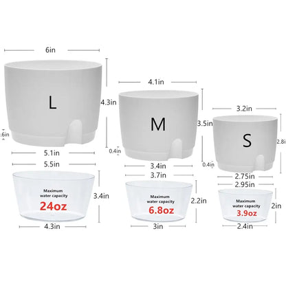 Set of white ceramic plant pots with measurements and capacity labels on a white background