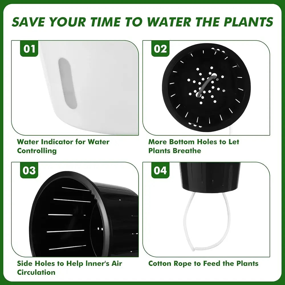 Product features for a plant watering system with text highlighting benefits.