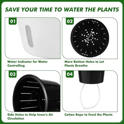 Product features for a plant watering system with text highlighting benefits.