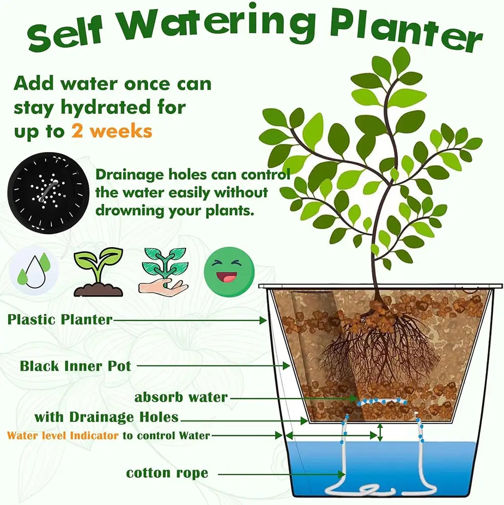 Diagram of a self-watering planter with labeled parts and benefits.