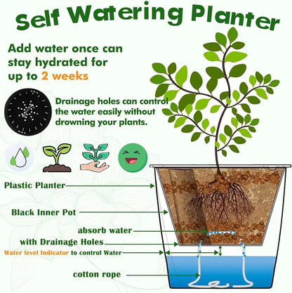 Diagram of a self-watering planter with labeled parts and benefits.