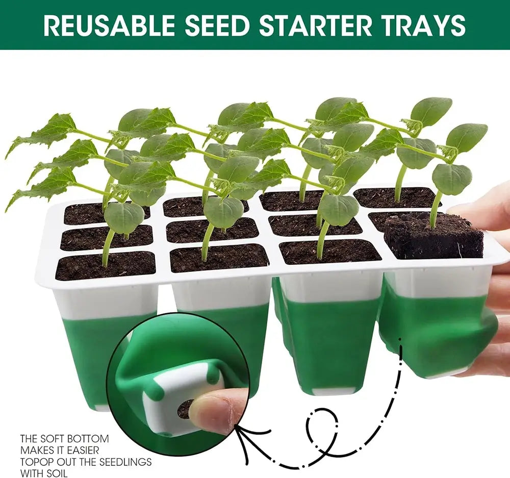Reusable seed starter trays with seedlings and a hand pressing a button to pop out seedlings.