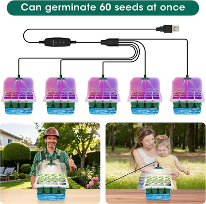 Seedling tray system with USB connection, showing capacity to germinate 60 seeds at once, with images of a man and woman with a child outdoors.