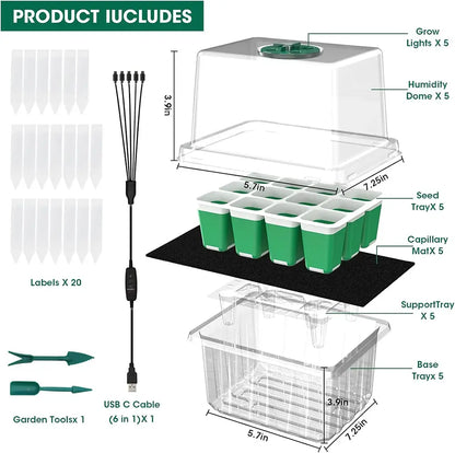 Gardening kit with labeled components including seed trays, lights, and tools.