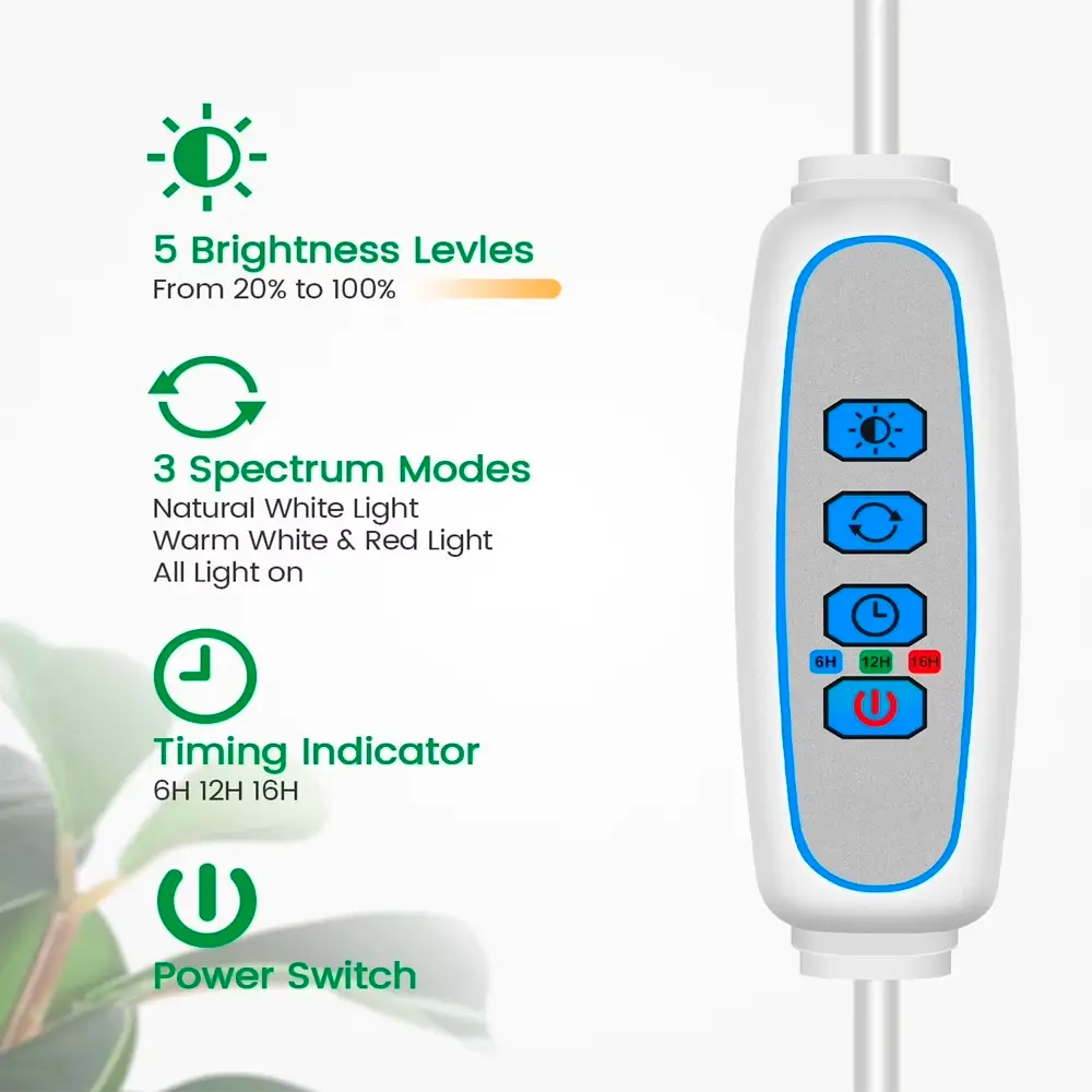 Control panel for a light therapy device with brightness, spectrum, and timing features on a white background.