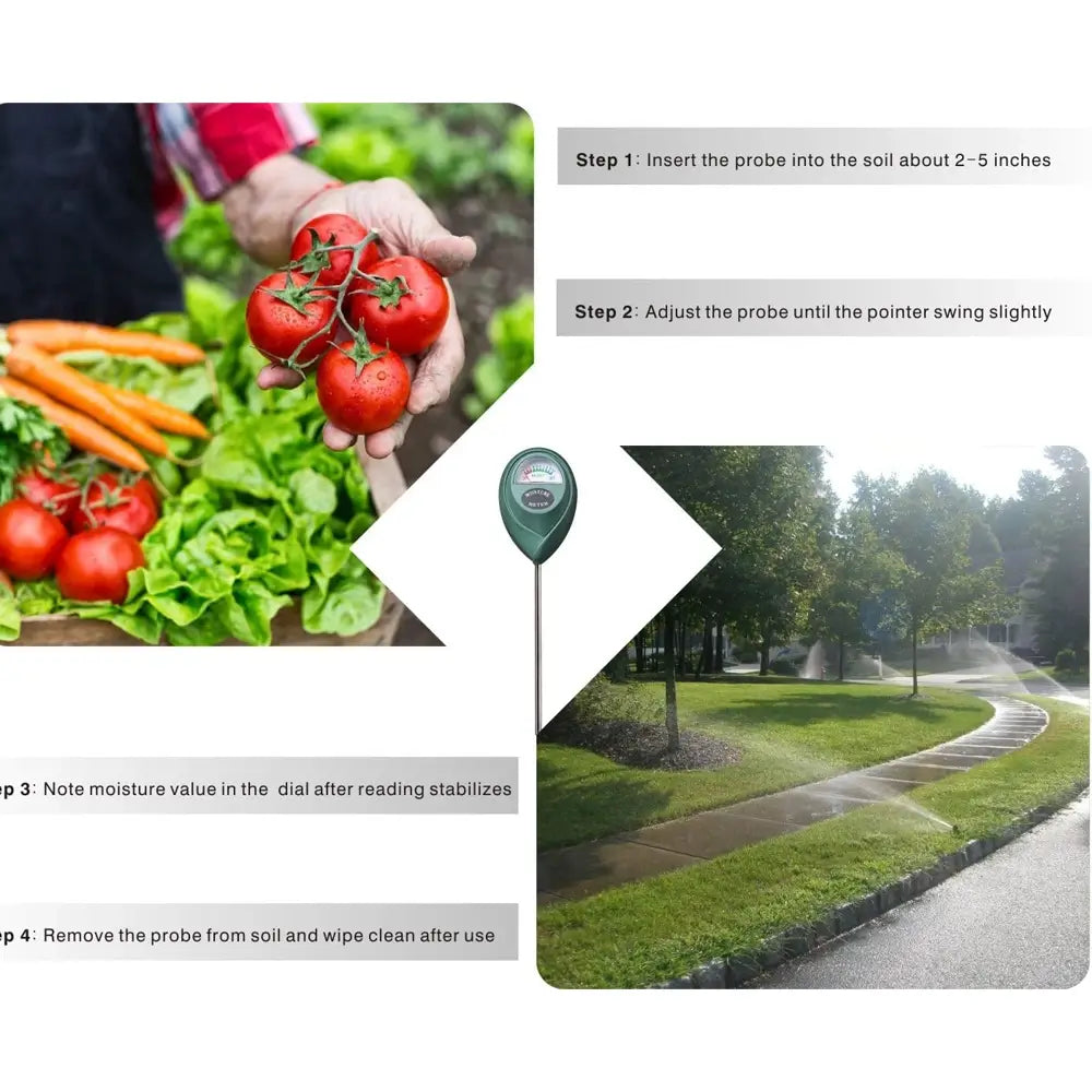 Product demonstration with steps for using a soil moisture meter, shown alongside vegetables and a garden scene.