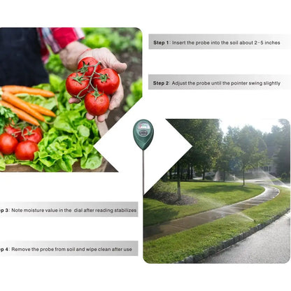 Product demonstration with steps for using a soil moisture meter, shown alongside vegetables and a garden scene.