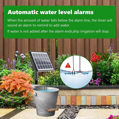 Solar-powered water level alarm system for garden irrigation with plants in the background.