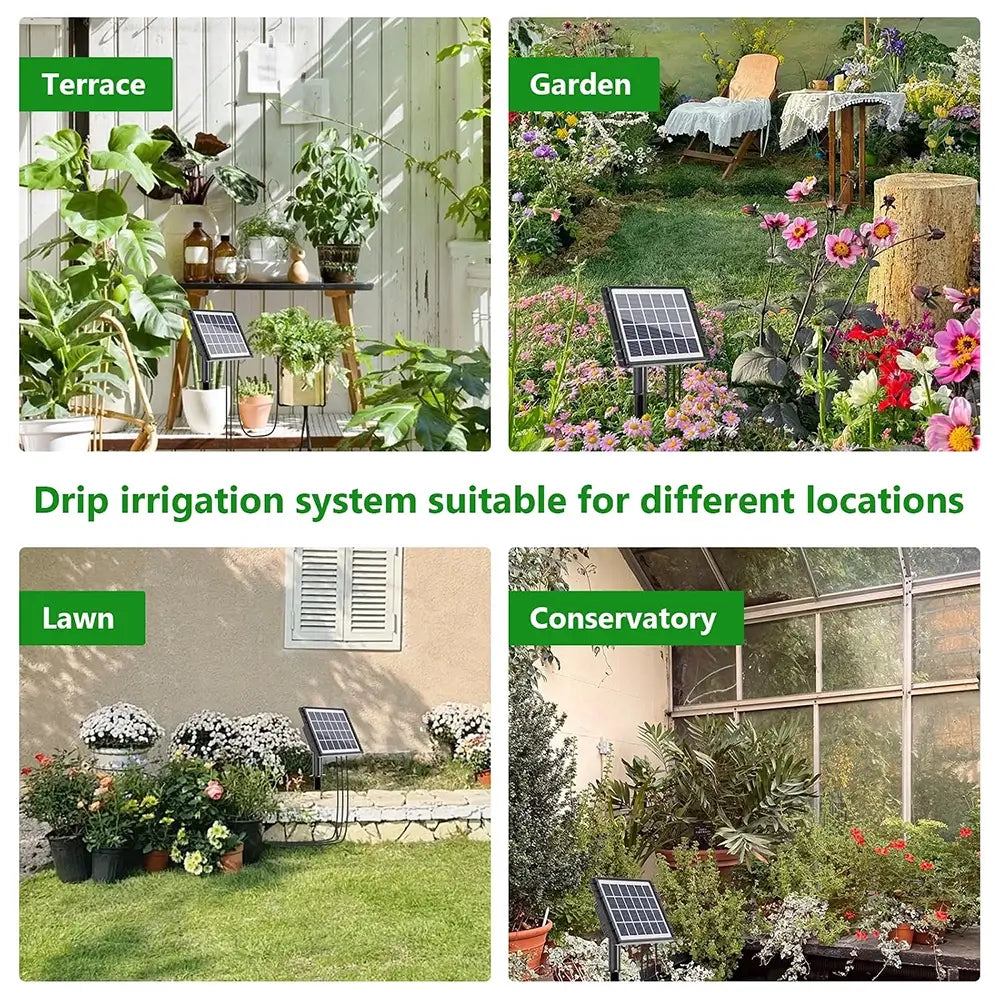 Drip irrigation system in use on a terrace, garden, lawn, and conservatory.
