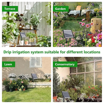 Drip irrigation system in use on a terrace, garden, lawn, and conservatory.