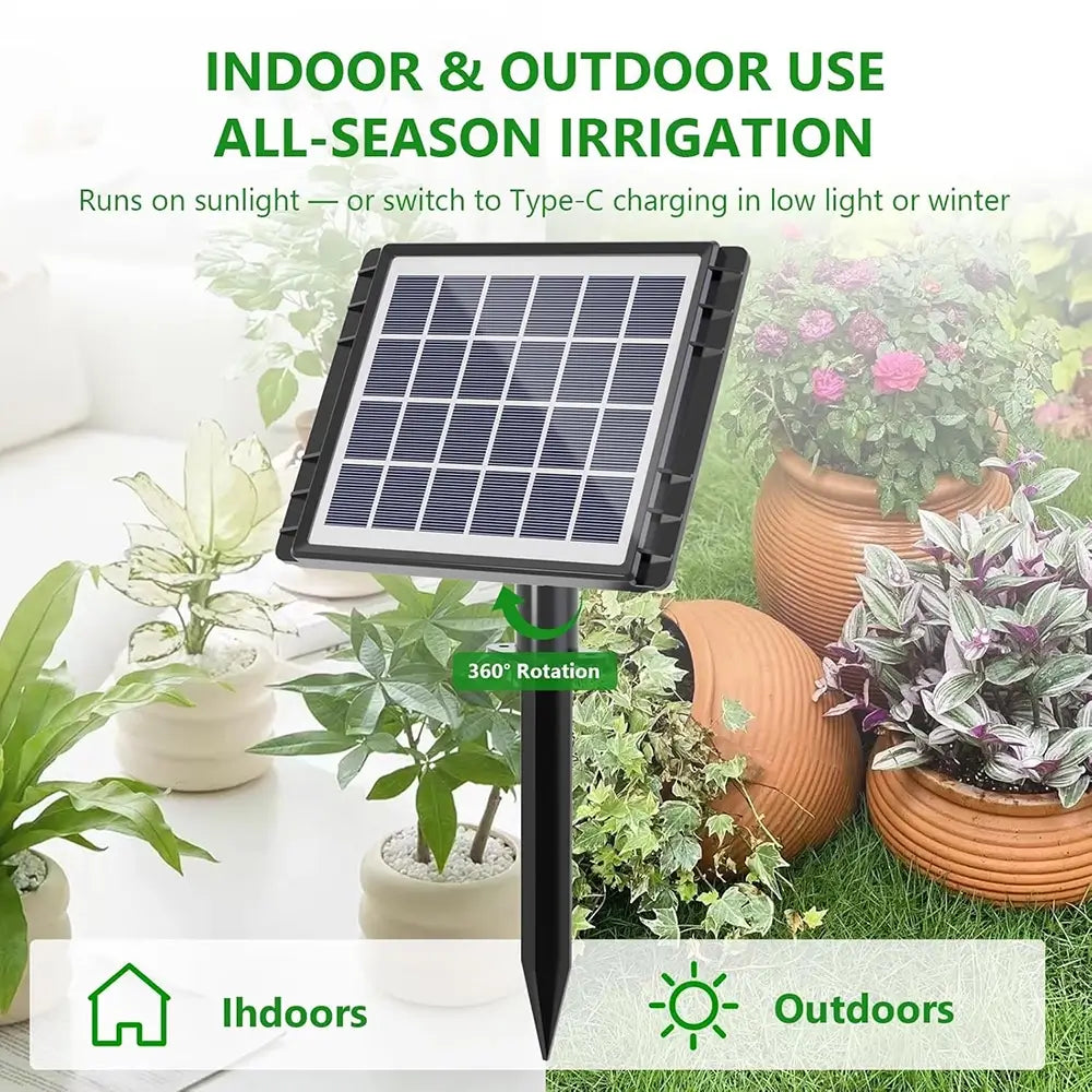 Solar-powered irrigation system with a solar panel, suitable for indoor and outdoor use, shown in a garden setting.