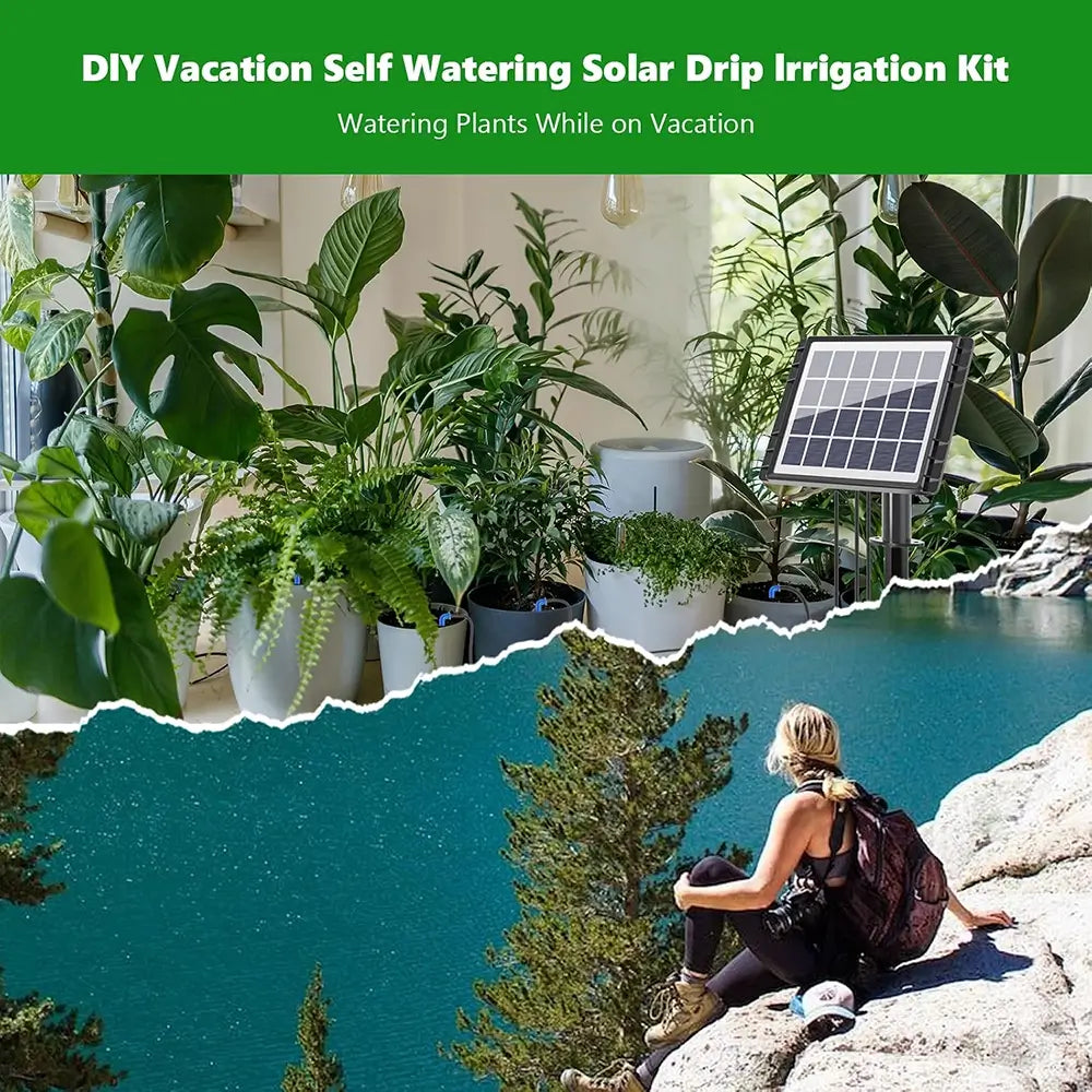 Solar drip irrigation kit for plants with a scenic background of a person by a lake.