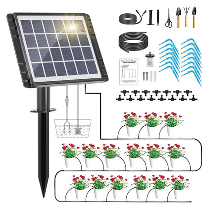 Solar irrigation system kit with solar panel, pumps, hoses, and plant pots on a white background.