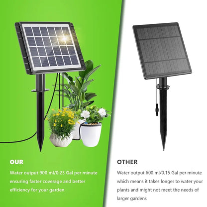 A split promotional graphic showing a solar garden waterer. The left side has a bright green background with the product in use watering potted plants, with text stating 'OUR' and water output 900 ml/0.