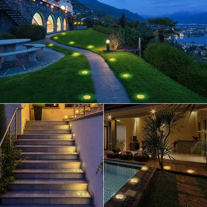 Outdoor lighting fixtures used in various settings including a garden, staircase, and pool area.
