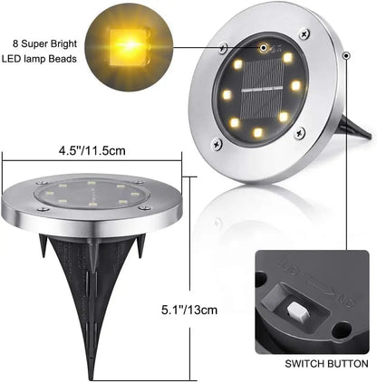 Solar-powered garden light with LED lamp beads, switch button, and dimensions.