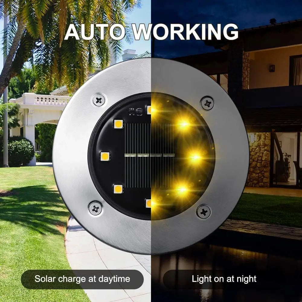 Solar-powered outdoor light with daytime and nighttime functionality shown.