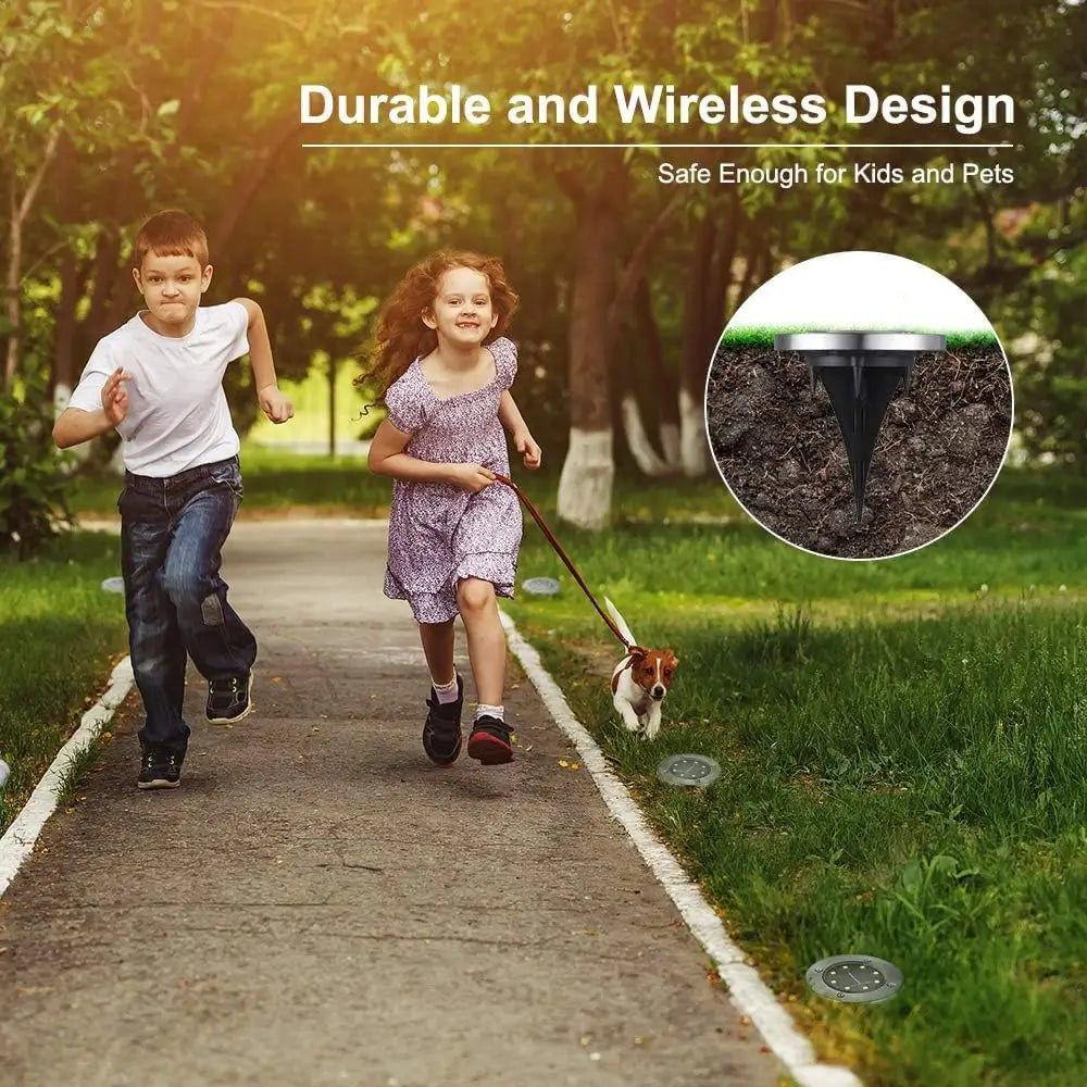 Two children walking a dog on a path with a durable wireless device inset.