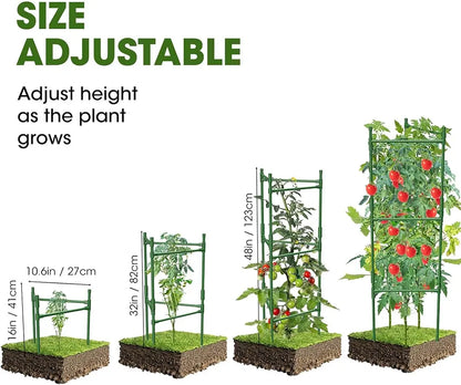 Set of adjustable plant trellises with plants and tomatoes, showing size and height adjustment.