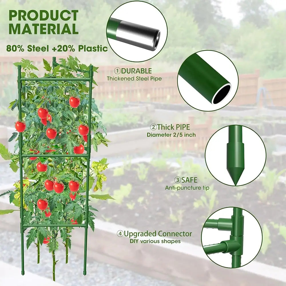 Green plant trellis with tomatoes, showing material details and features.