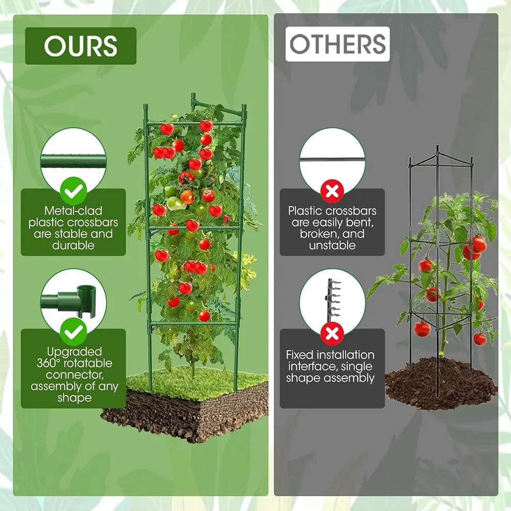 Comparison of a stable tomato trellis system labeled 'OURS' with an unstable one labeled 'OTHERS'.