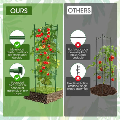 Comparison of a stable tomato trellis system labeled 'OURS' with an unstable one labeled 'OTHERS'.